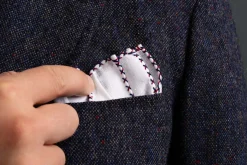 Red & Navy Blue X-Stitch Edge White Linen Pocket Square