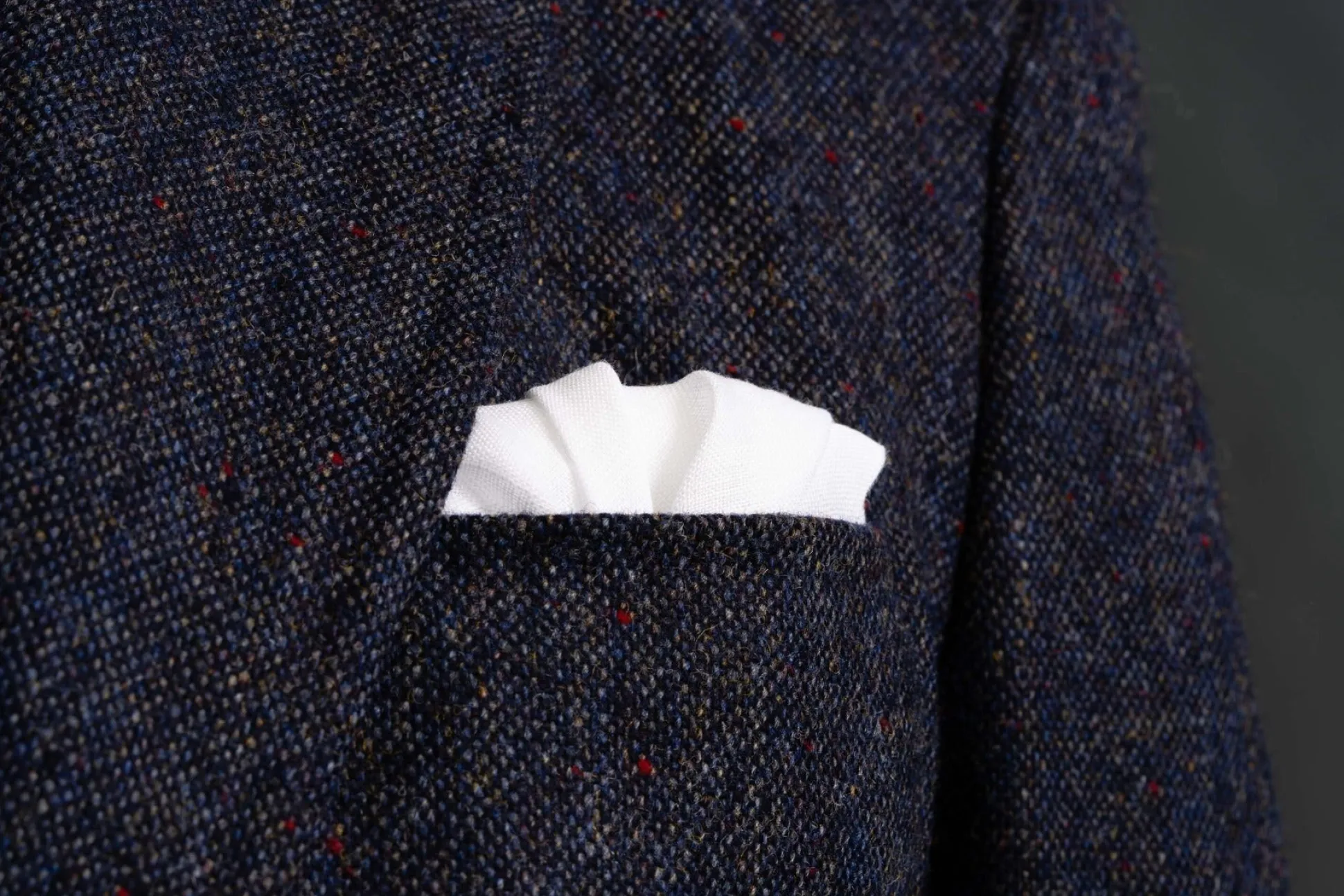Red & Navy Blue X-Stitch Edge White Linen Pocket Square