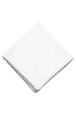 Red & Navy Blue X-Stitch Edge White Linen Pocket Square