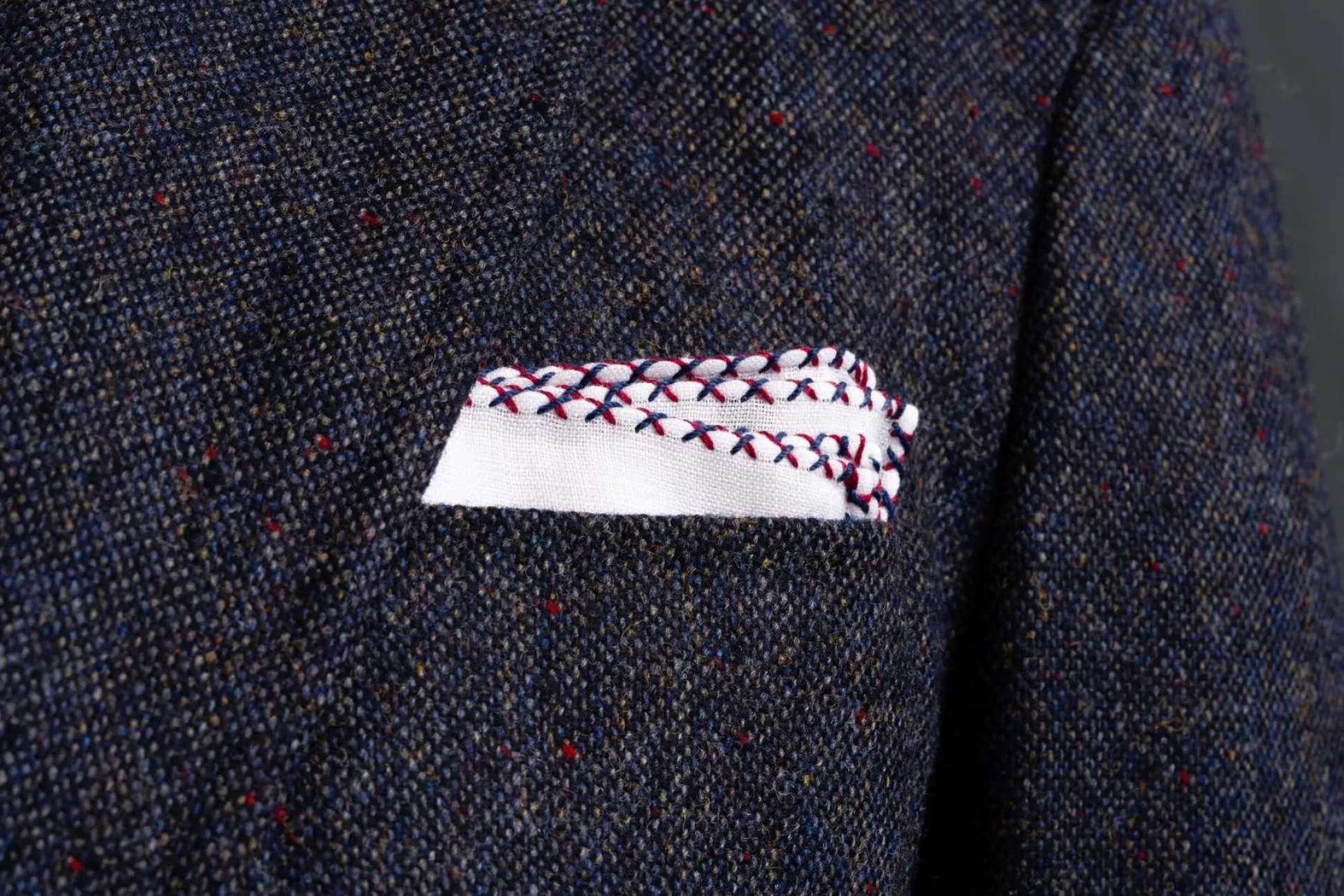 Red & Navy Blue X-Stitch Edge White Linen Pocket Square