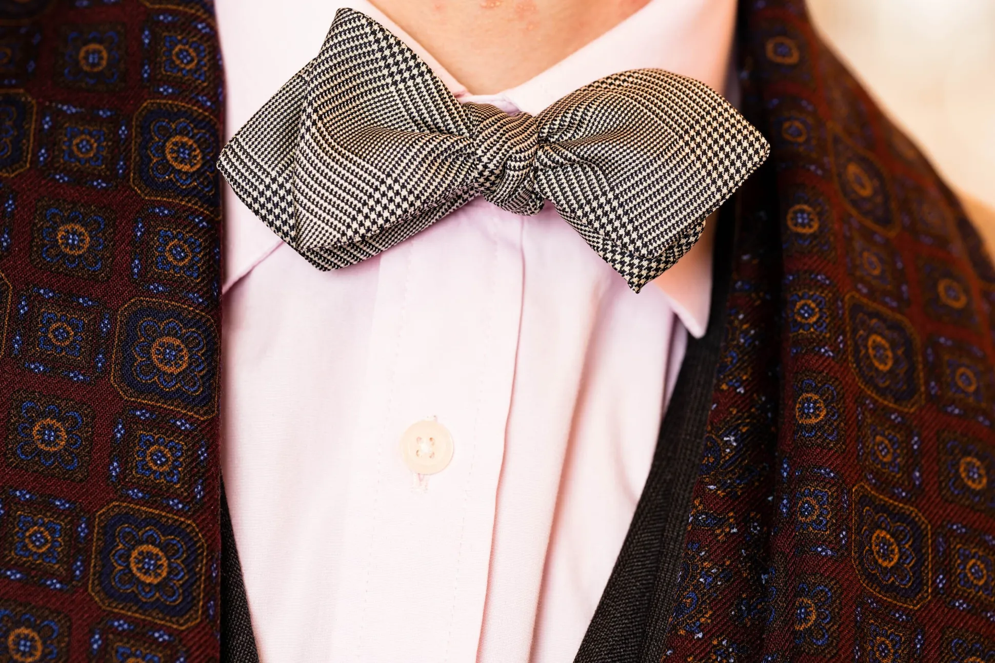 Silk Bow Tie in Black and White Glen Check - Pointed End