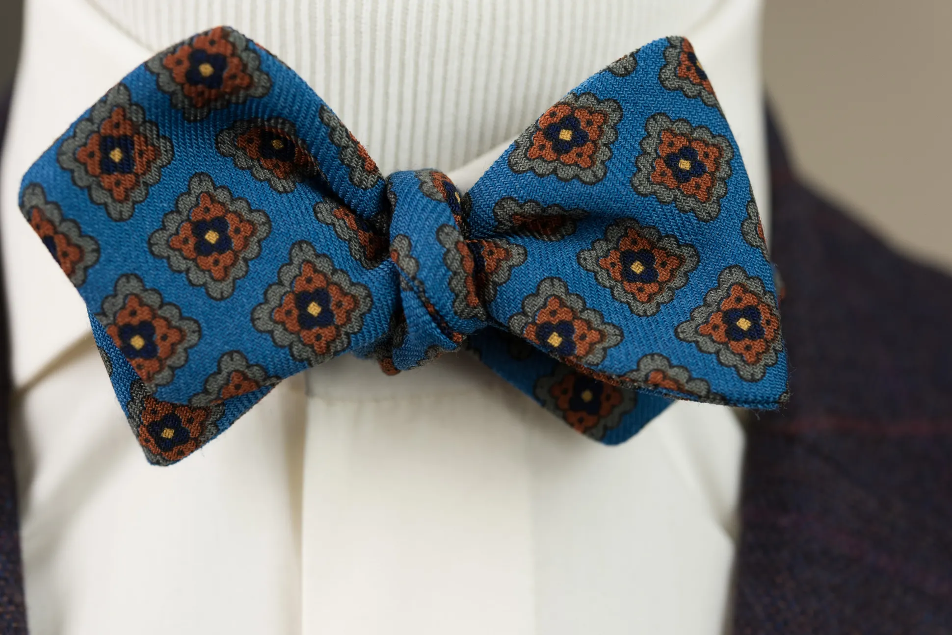Turquoise & Orange Wool Challis Diamond Bow Tie
