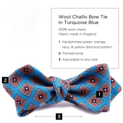 Turquoise & Orange Wool Challis Diamond Bow Tie