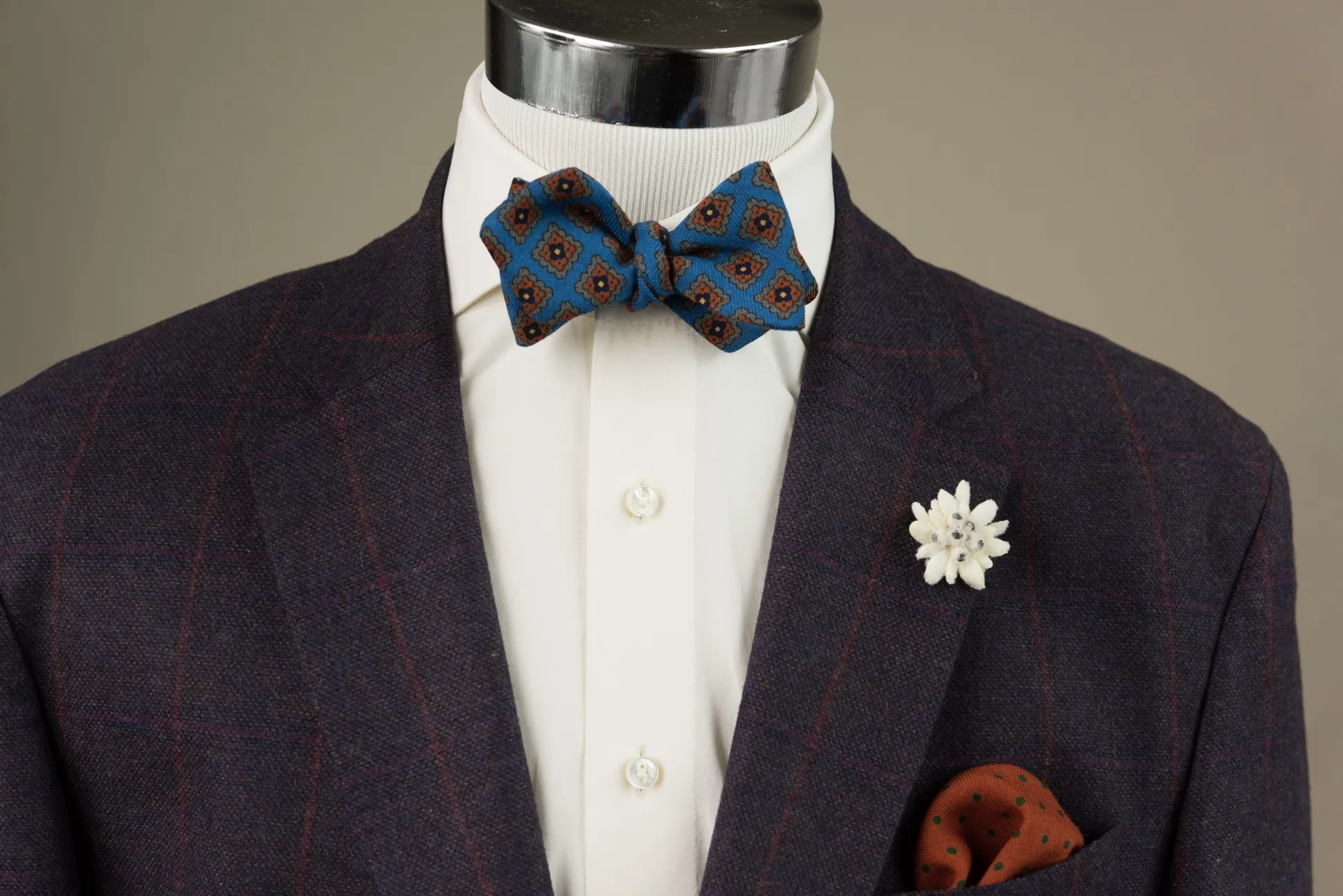 Turquoise & Orange Wool Challis Diamond Bow Tie