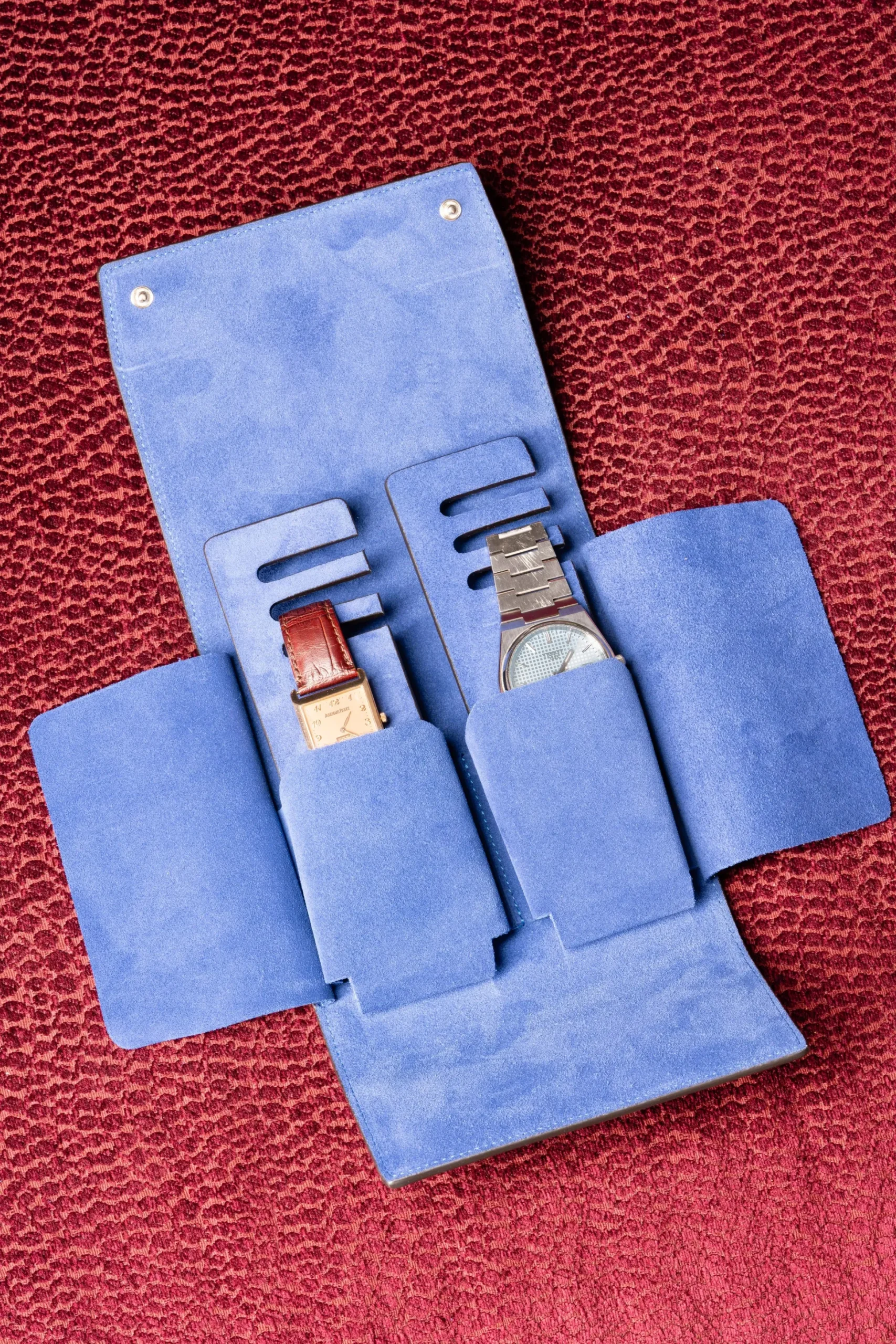 2-Watch Antique Mahogany & Blue Suede Leather Watch Case