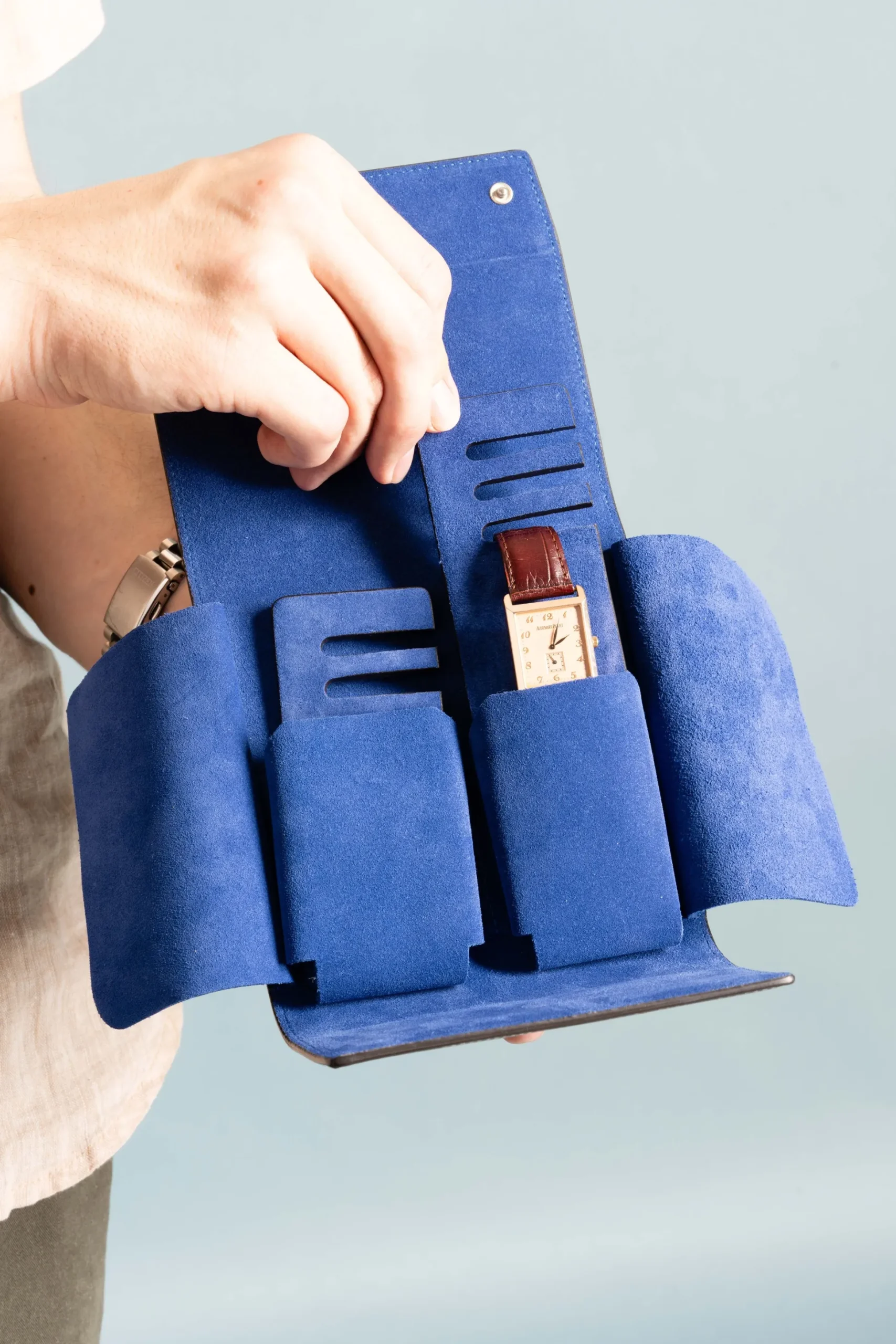 2-Watch Antique Mahogany & Blue Suede Leather Watch Case