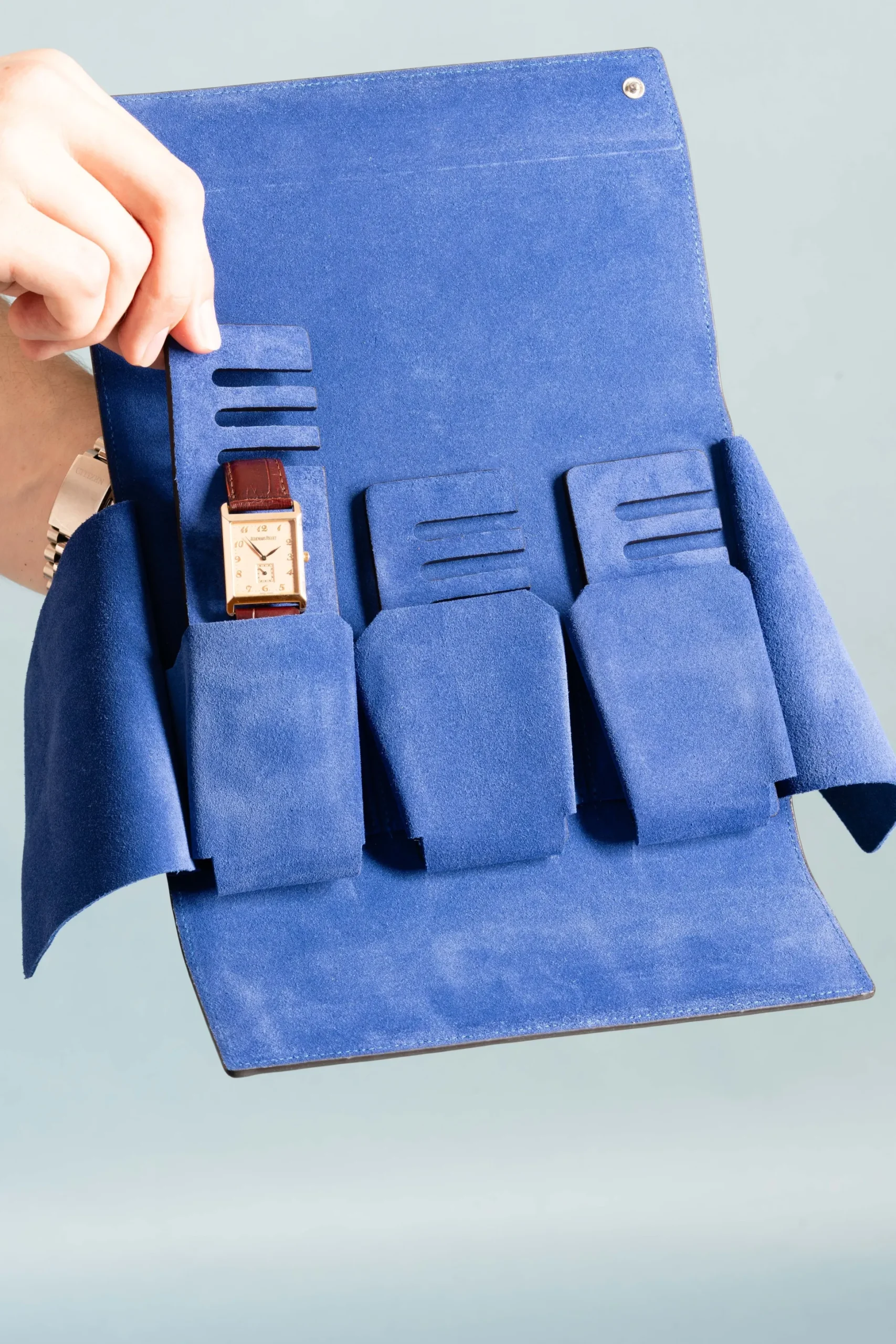 3-Watch Antique Mahogany & Blue Suede Leather Watch Case