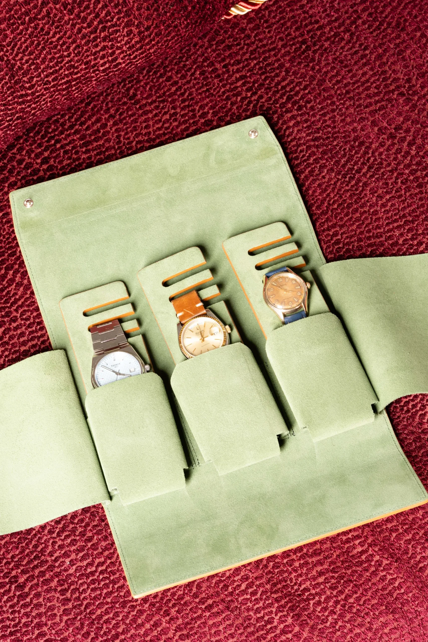 2-Watch Vintage Gold & Sage Green Suede Leather Watch Case