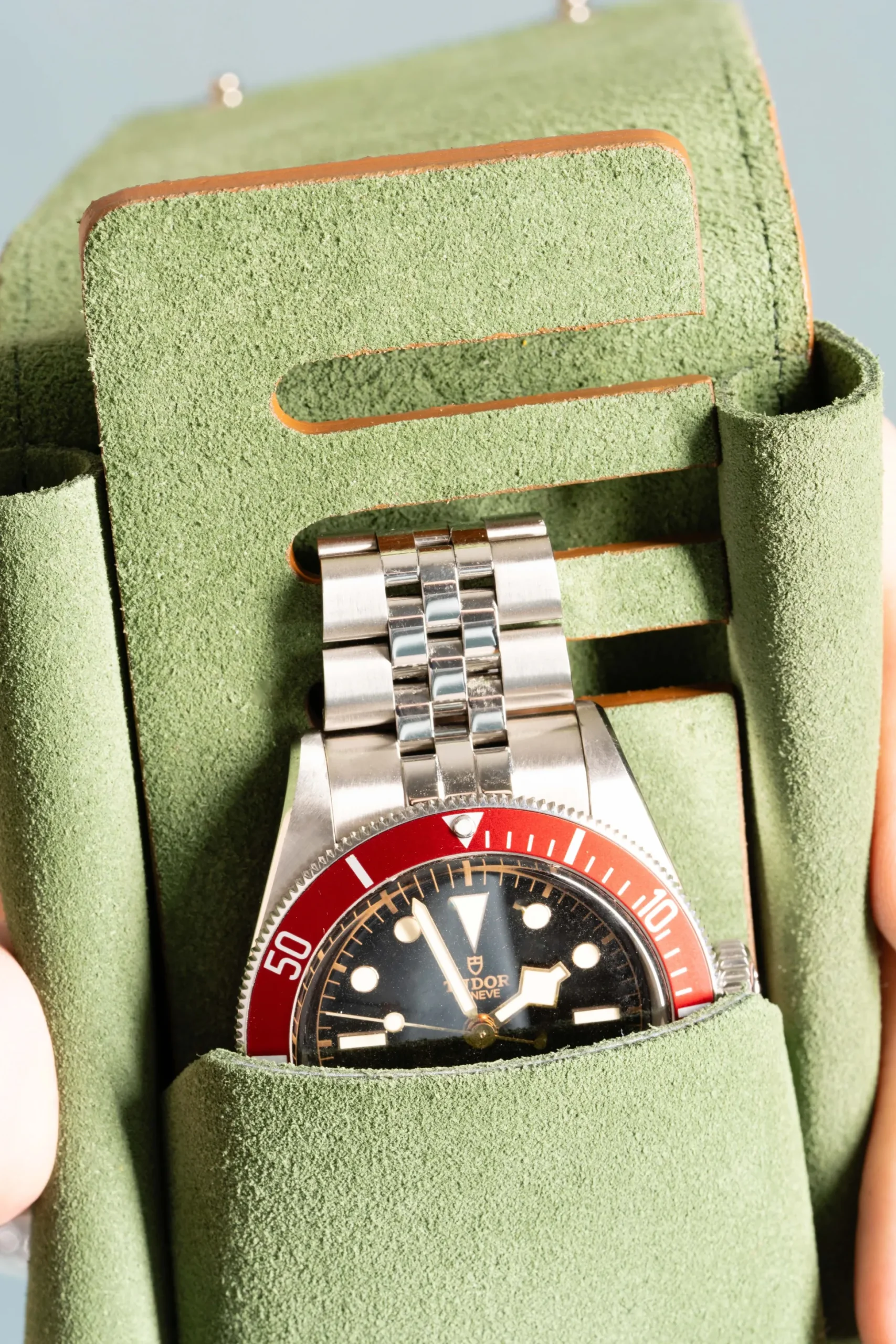 2-Watch Vintage Gold & Sage Green Suede Leather Watch Case