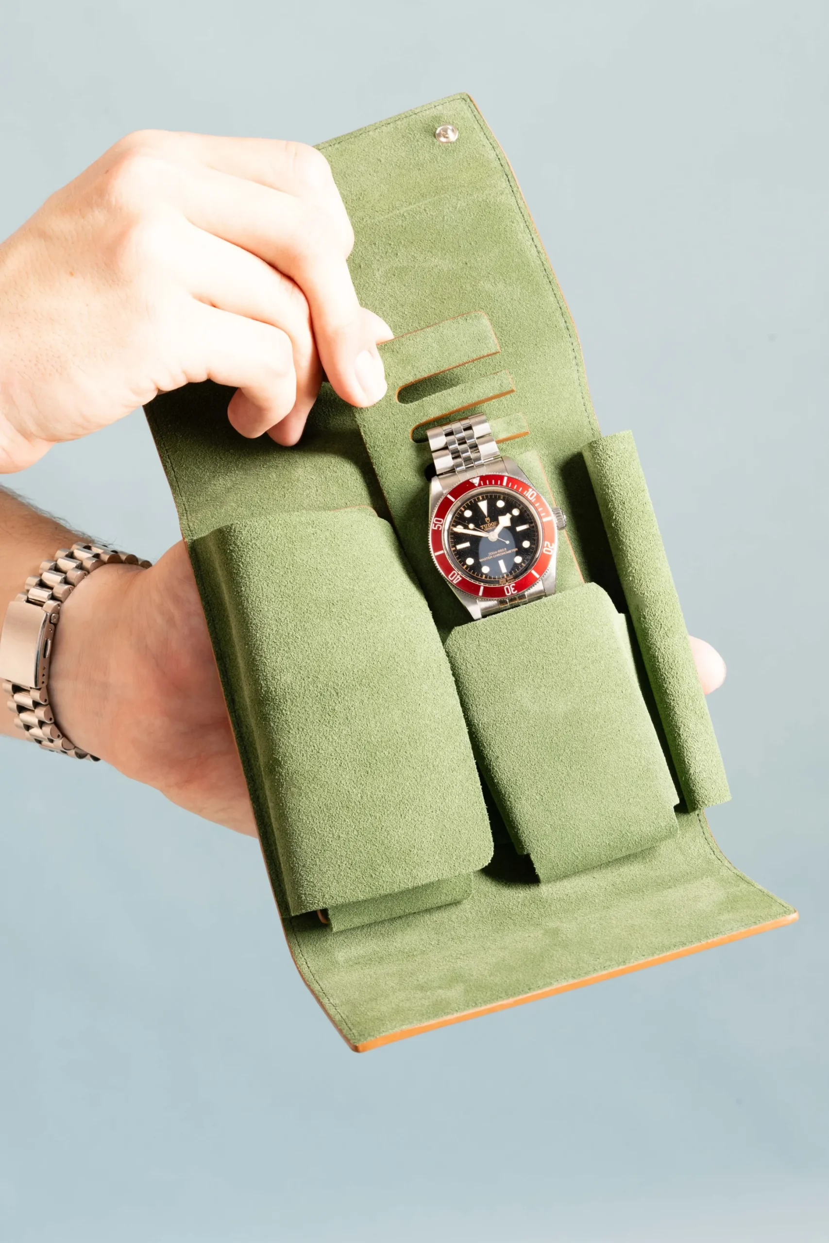 2-Watch Vintage Gold & Sage Green Suede Leather Watch Case