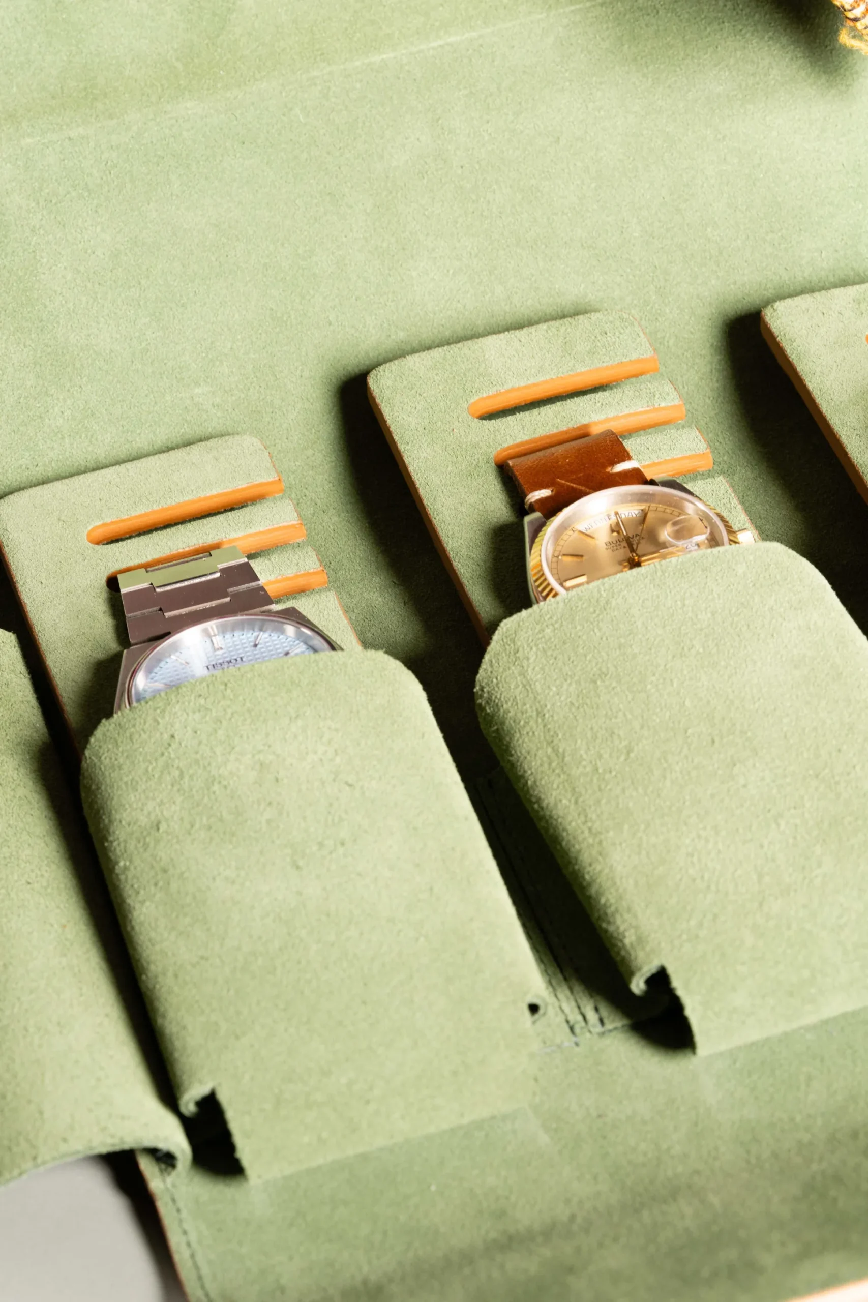 2-Watch Vintage Gold & Sage Green Suede Leather Watch Case