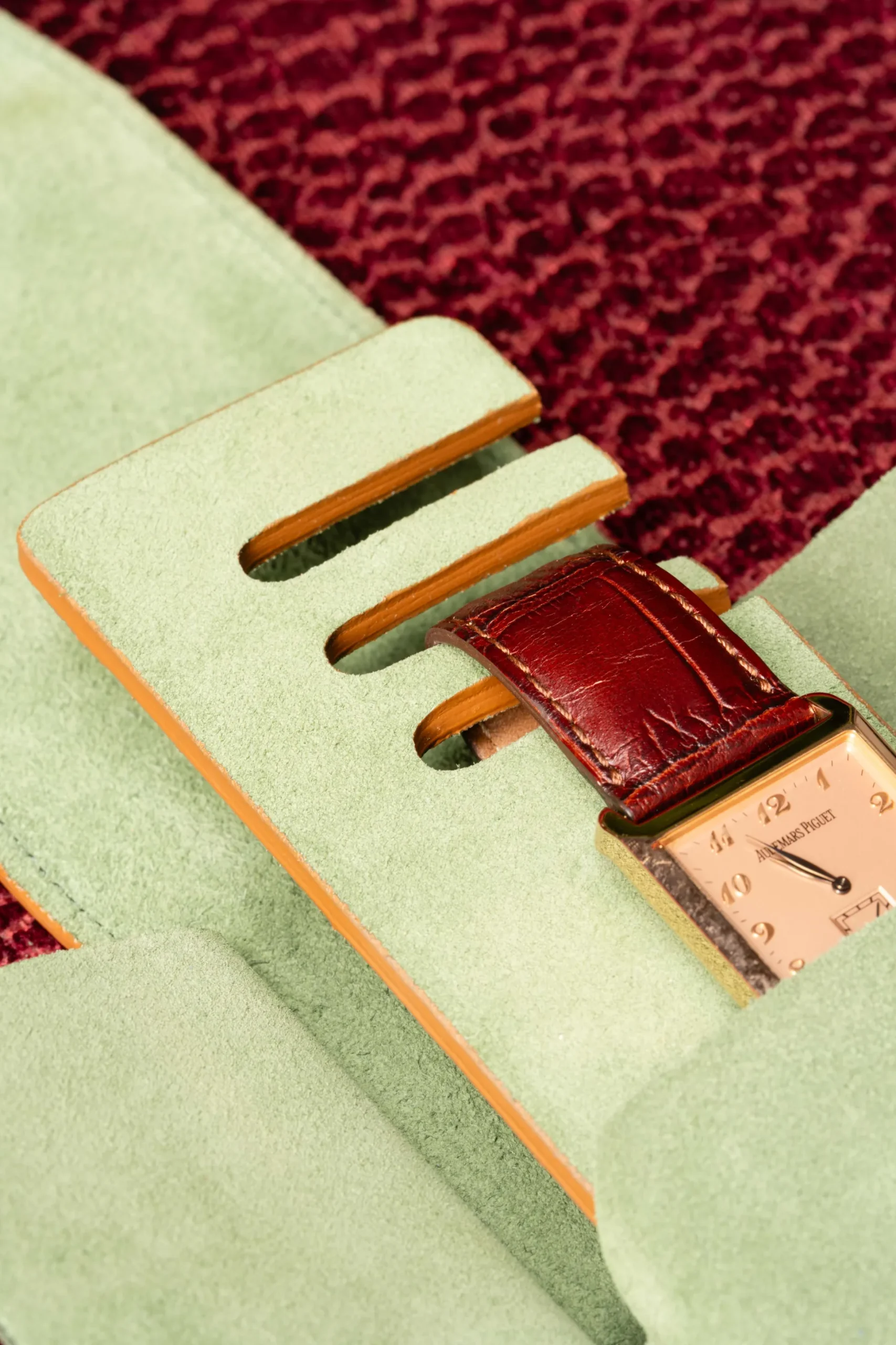 2-Watch Vintage Gold & Sage Green Suede Leather Watch Case