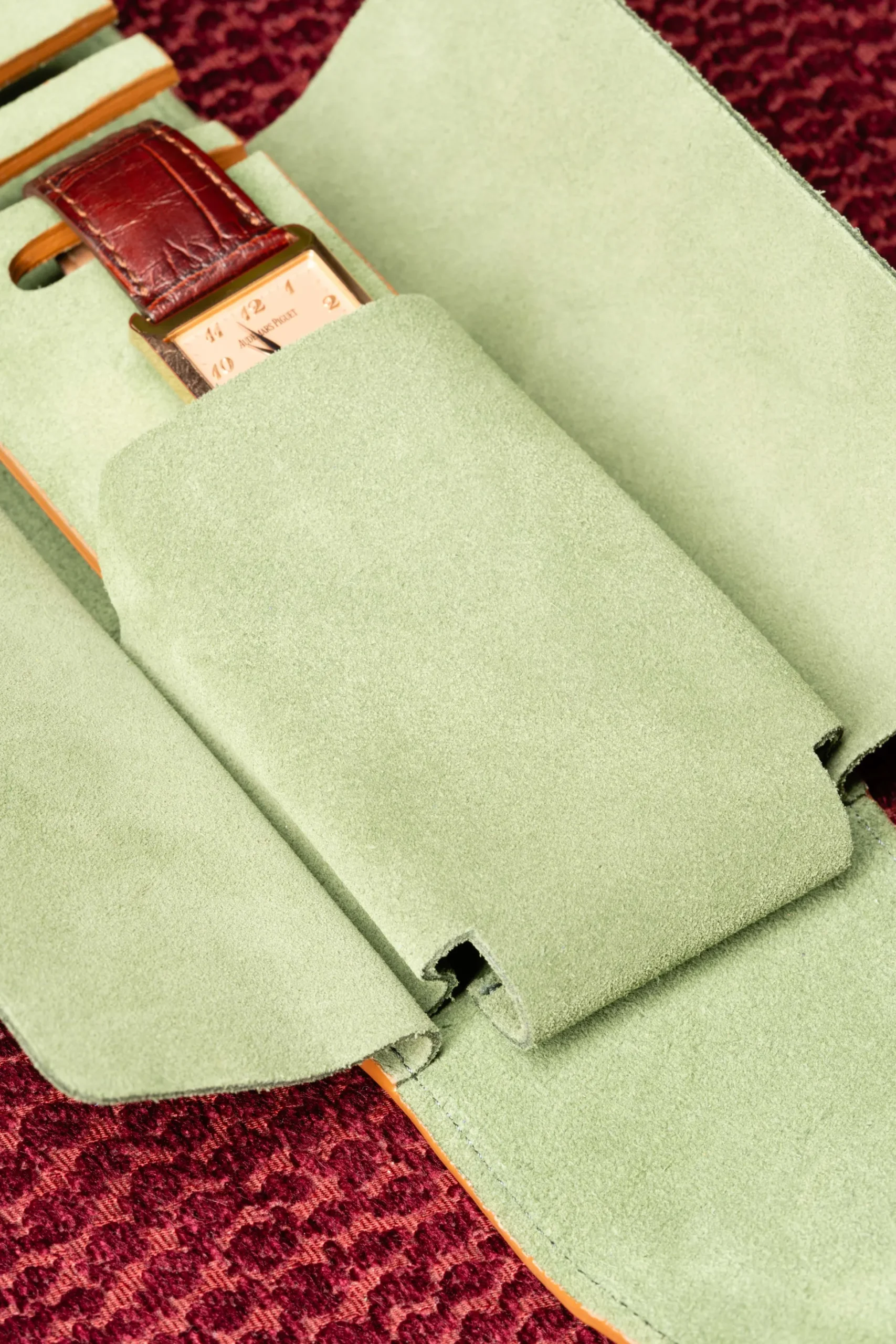 2-Watch Vintage Gold & Sage Green Suede Leather Watch Case
