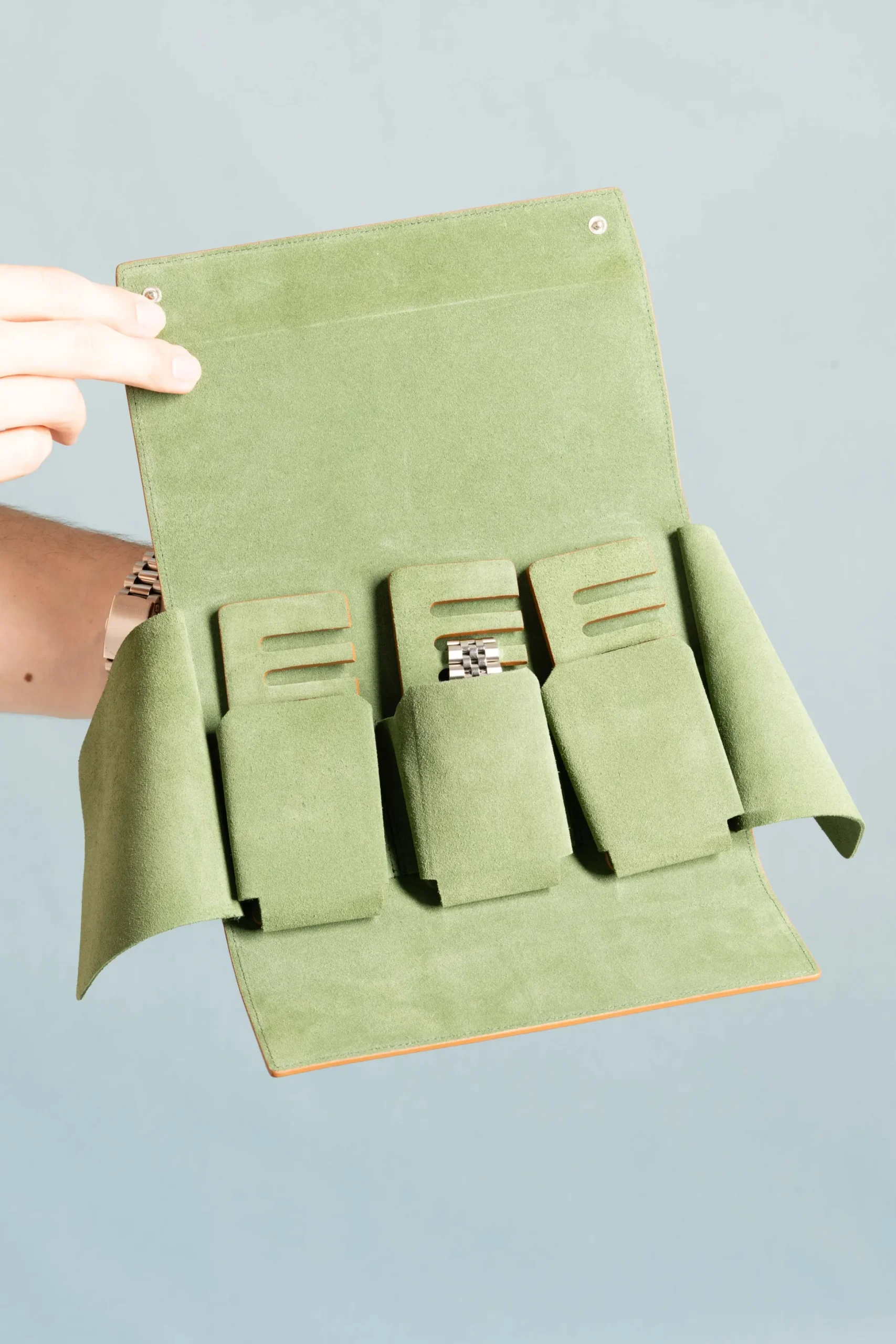 3-Watch Vintage Gold & Sage Green Suede Leather Watch Case
