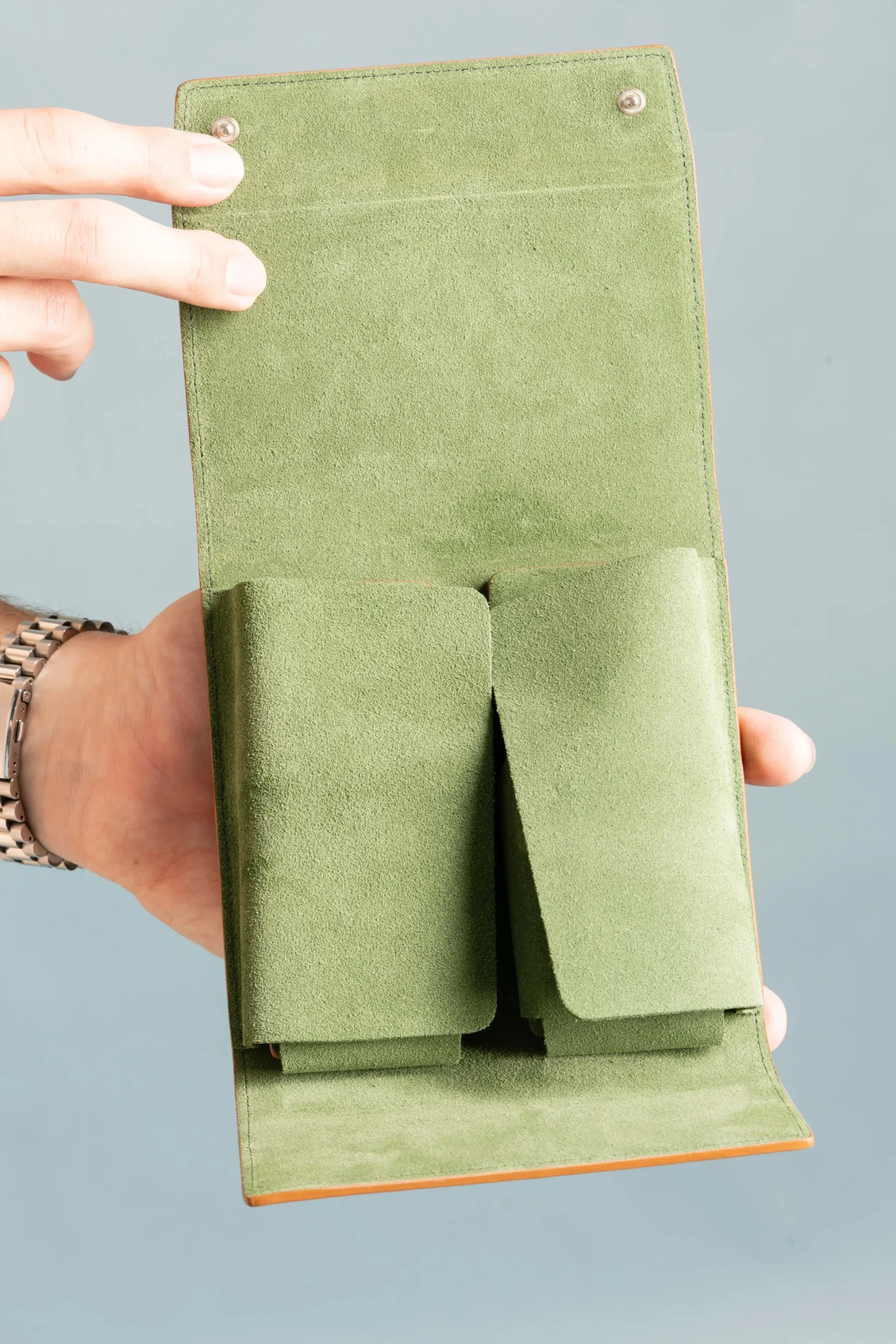 3-Watch Vintage Gold & Sage Green Suede Leather Watch Case