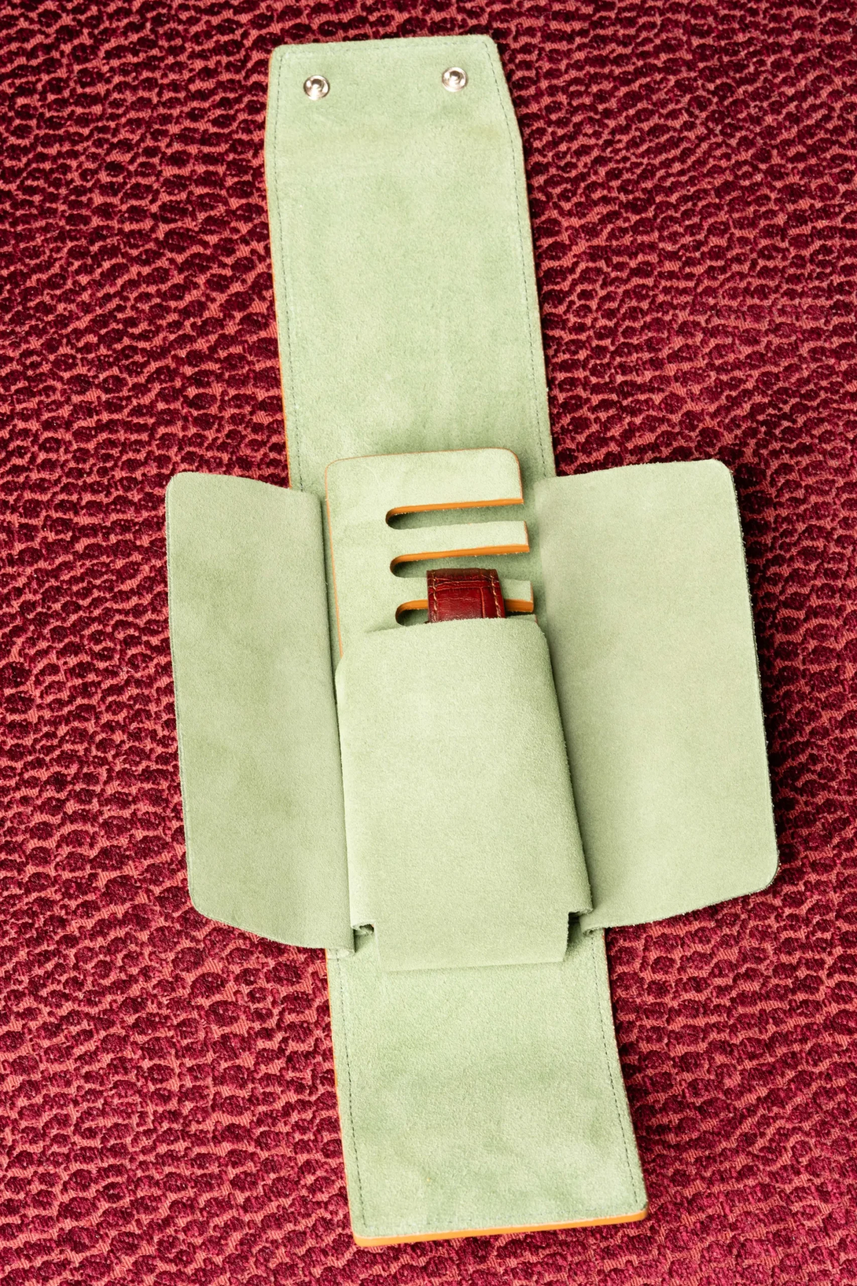 3-Watch Vintage Gold & Sage Green Suede Leather Watch Case