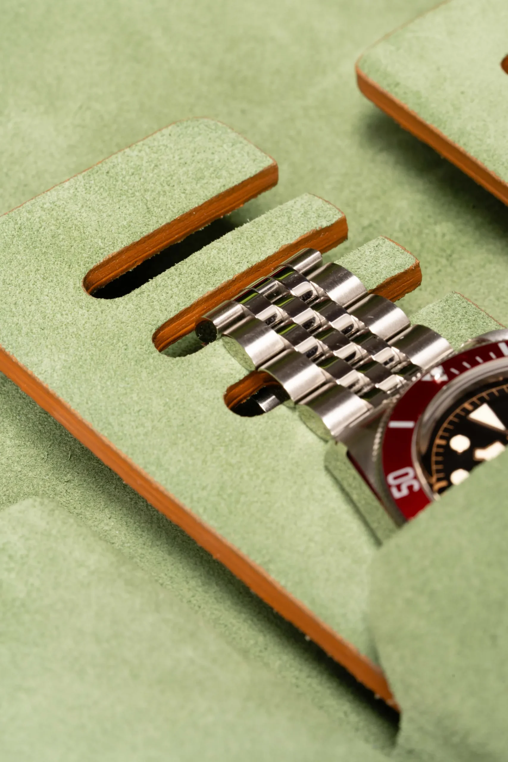 3-Watch Vintage Gold & Sage Green Suede Leather Watch Case