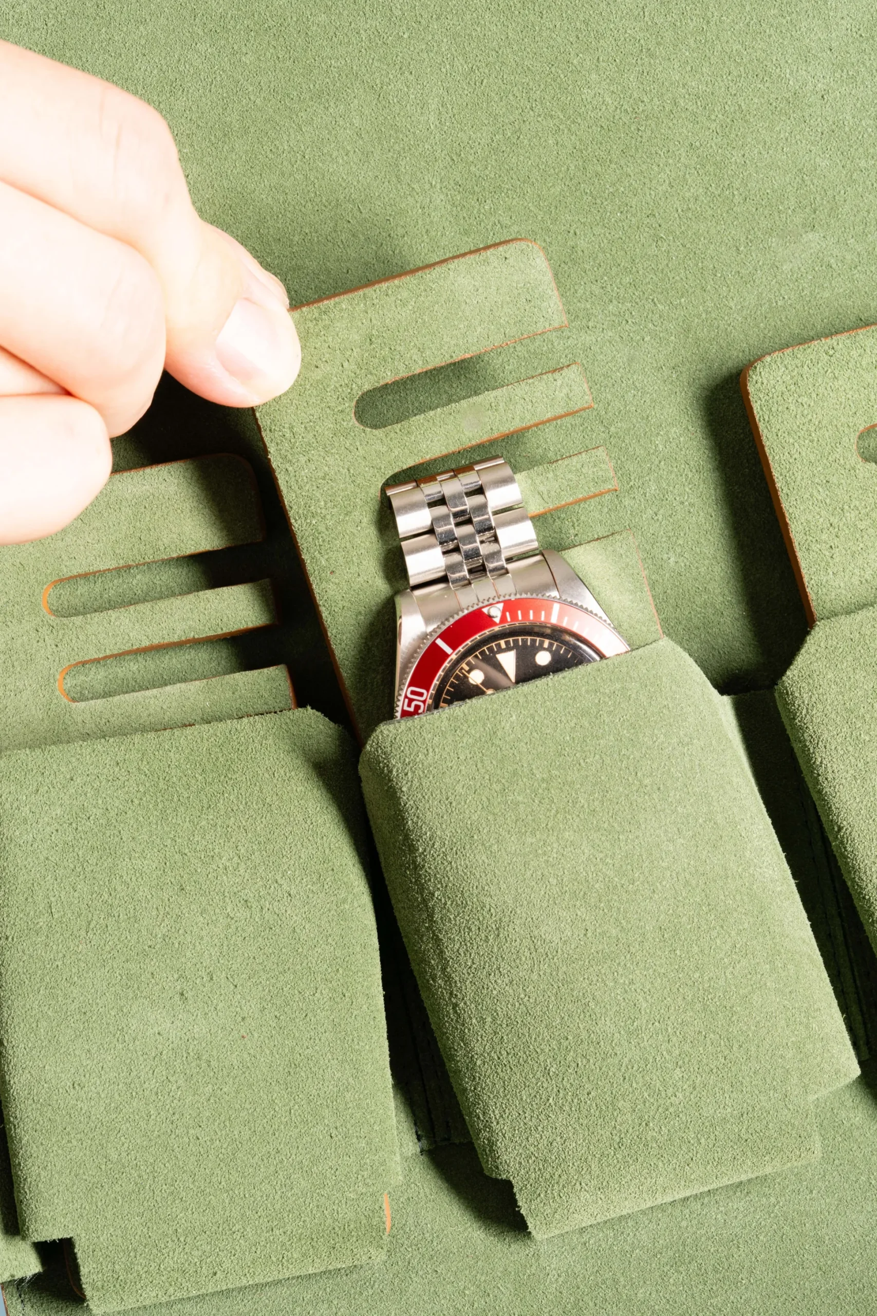 3-Watch Vintage Gold & Sage Green Suede Leather Watch Case
