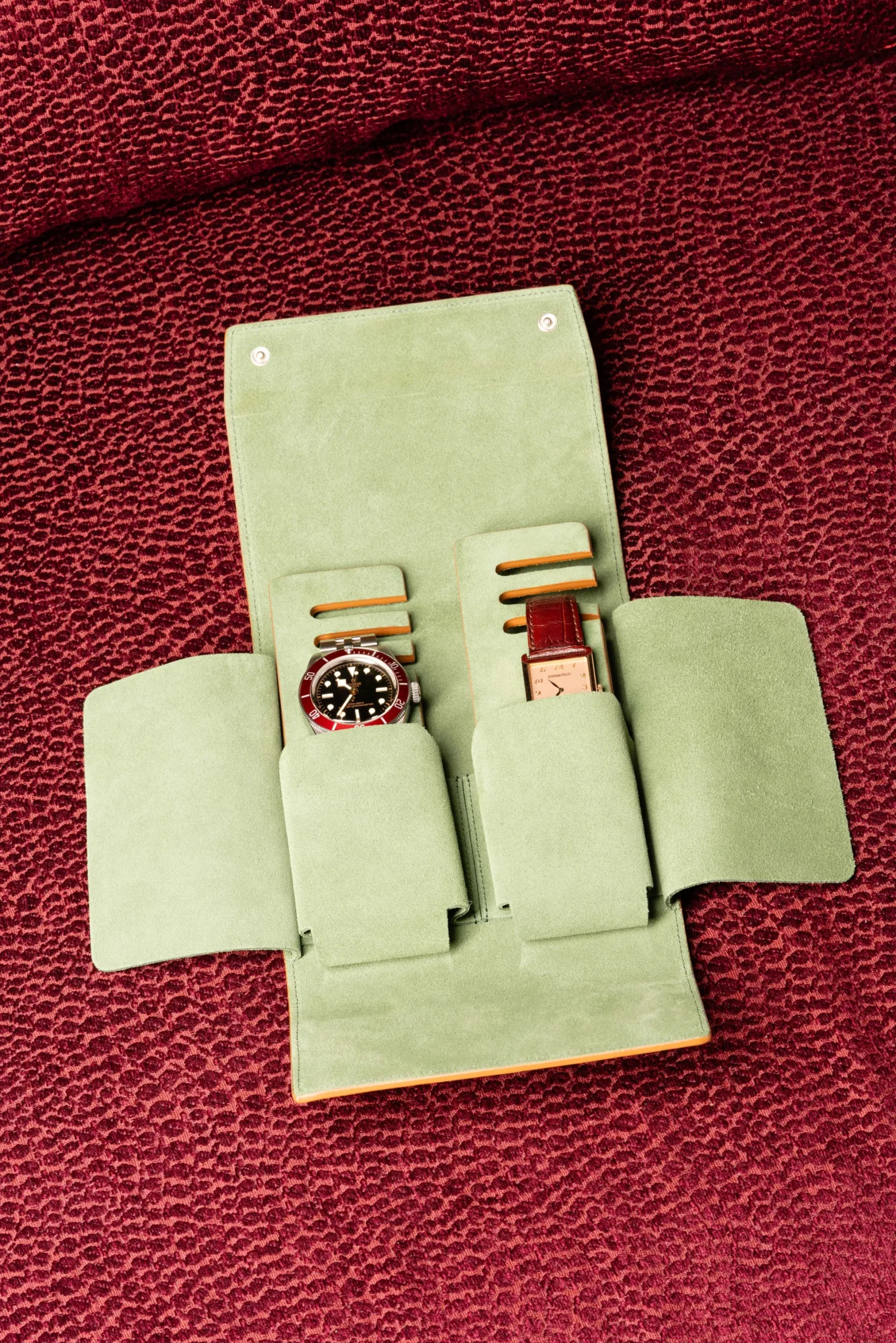 3-Watch Vintage Gold & Sage Green Suede Leather Watch Case