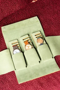 3-Watch Vintage Gold & Sage Green Suede Leather Watch Case