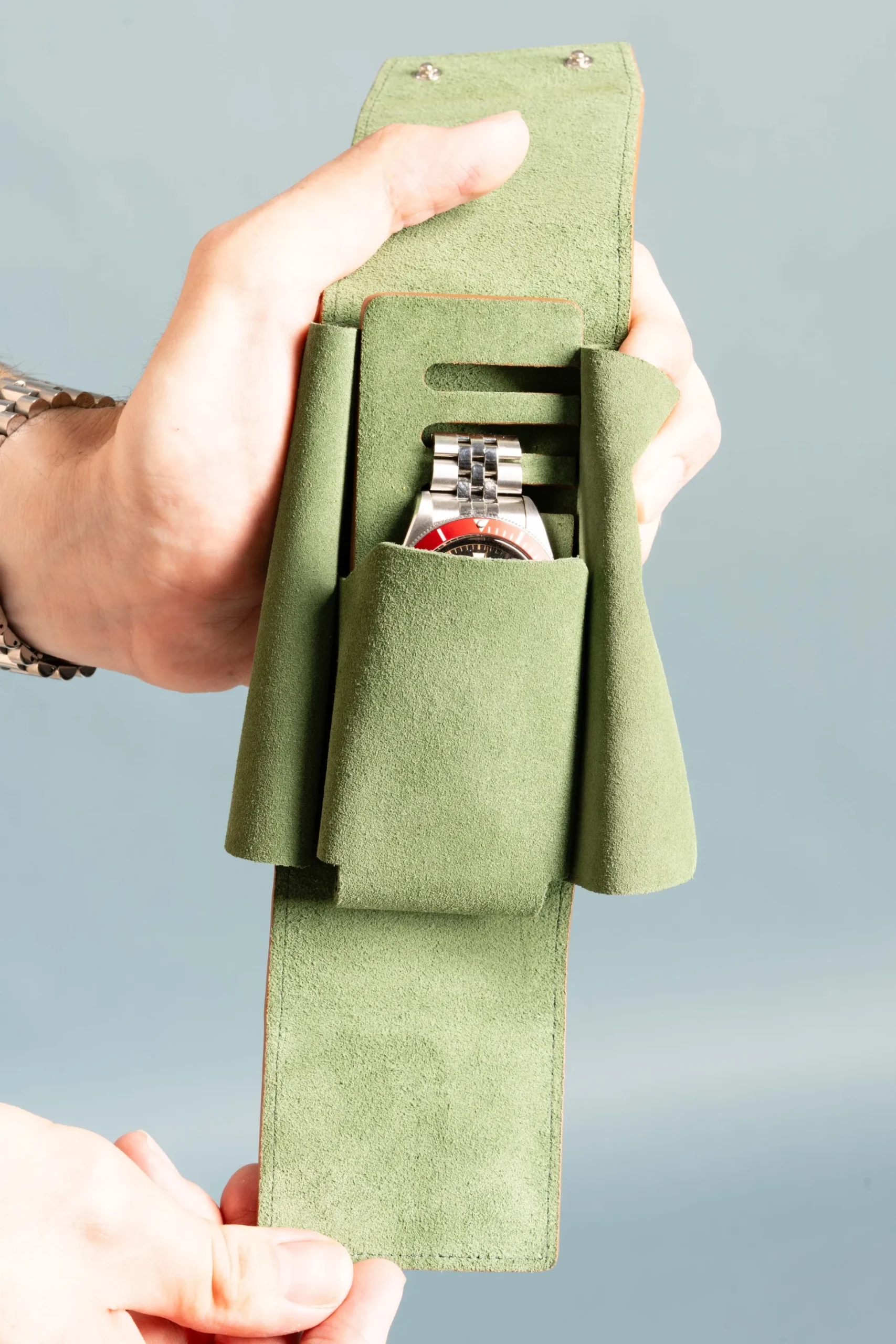 3-Watch Vintage Gold & Sage Green Suede Leather Watch Case
