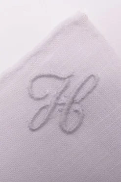 White Italian Linen Pocket Square with Hand-Embroidered Initial