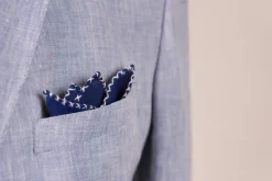 White X-Stitch Edge Dark Blue Linen Pocket Square