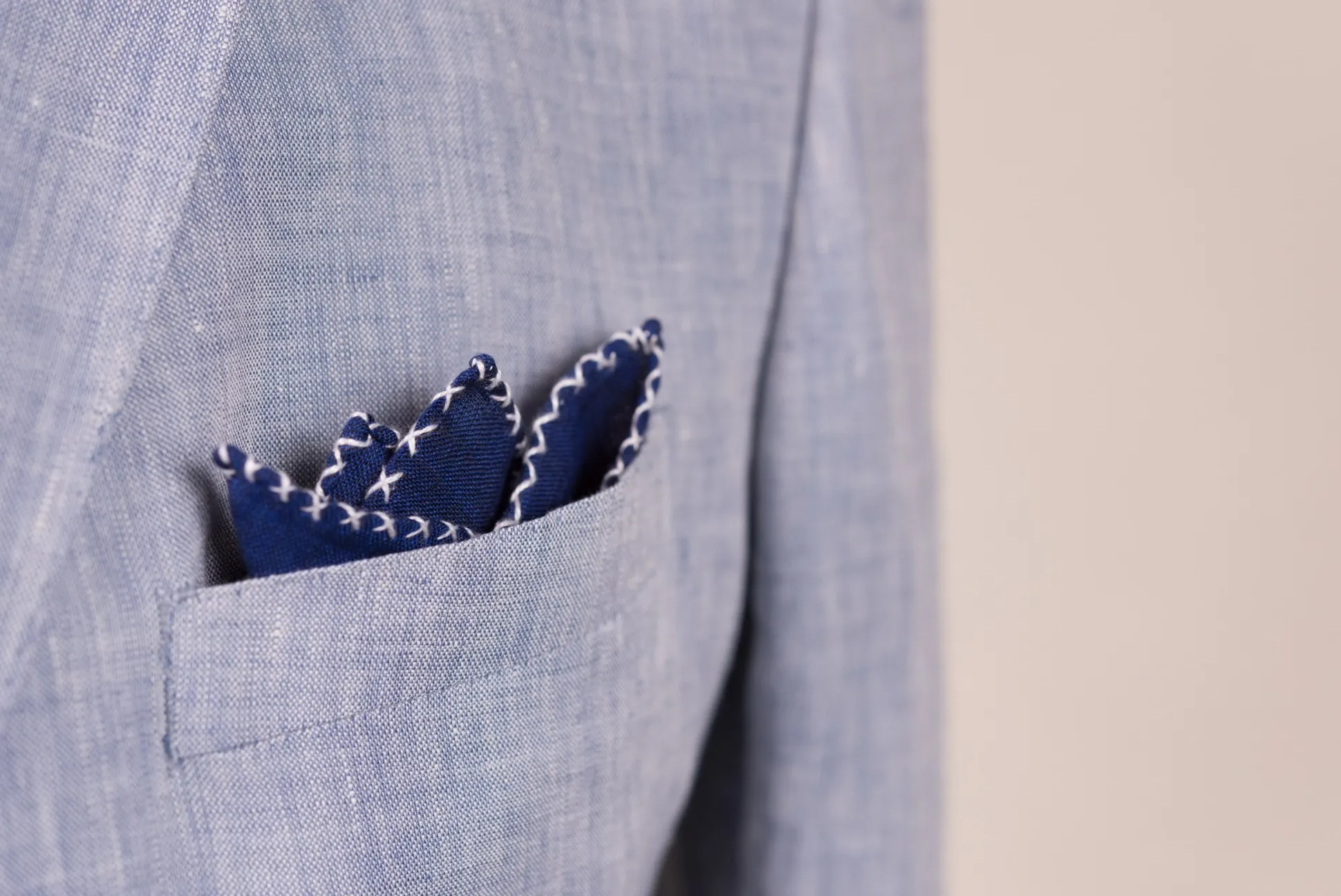 White X-Stitch Edge Dark Blue Linen Pocket Square
