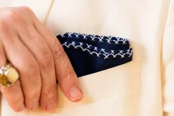 White X-Stitch Edge Dark Blue Linen Pocket Square