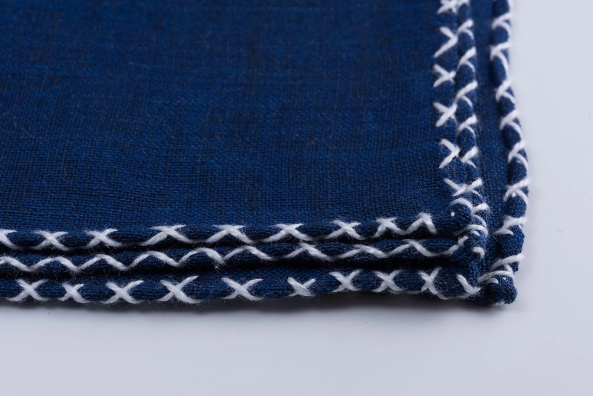 White X-Stitch Edge Dark Blue Linen Pocket Square