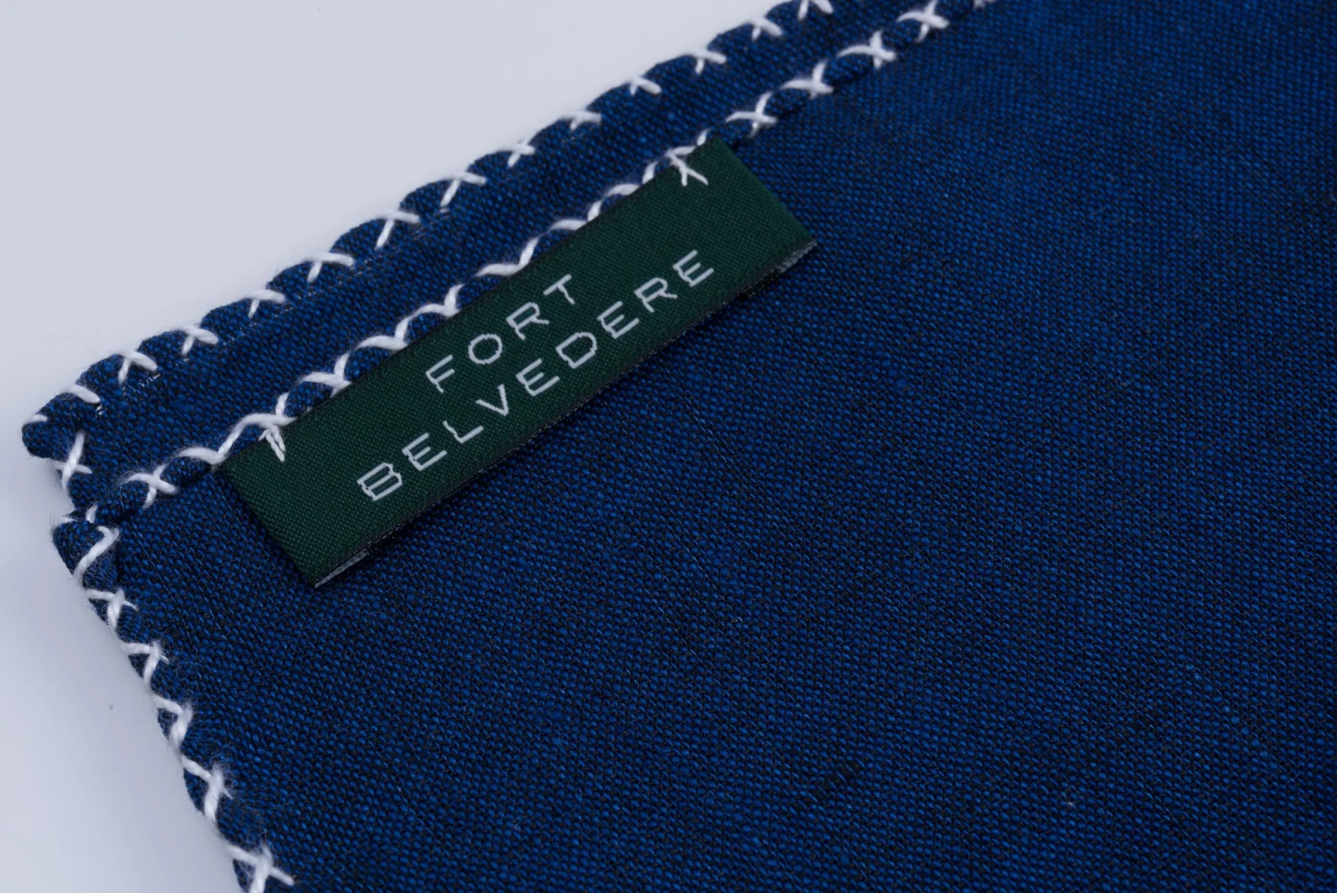 White X-Stitch Edge Dark Blue Linen Pocket Square