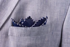 White X-Stitch Edge Dark Blue Linen Pocket Square