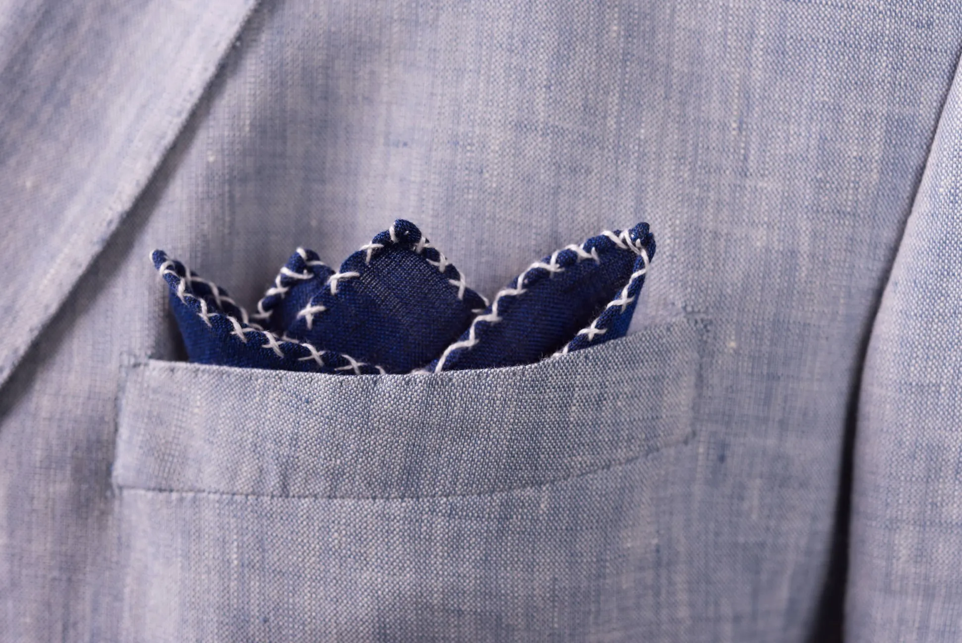 White X-Stitch Edge Dark Blue Linen Pocket Square