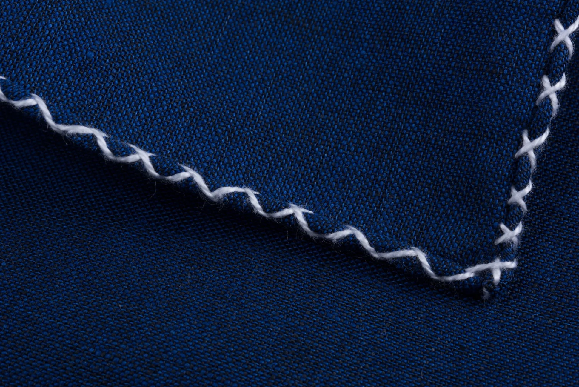 White X-Stitch Edge Dark Blue Linen Pocket Square