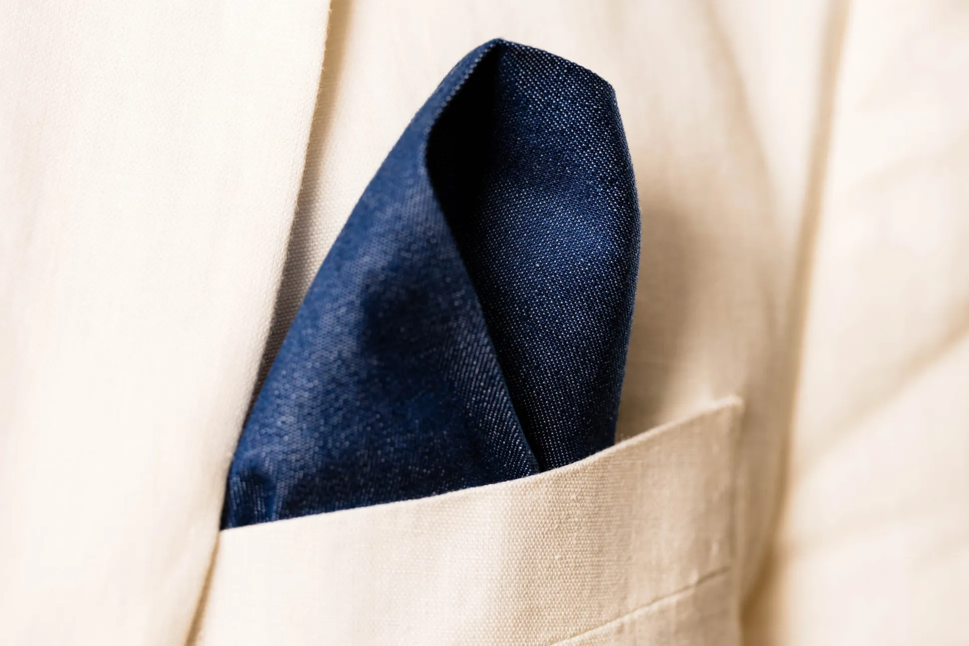 White X-Stitch Edge Dark Blue Linen Pocket Square