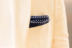 White X-Stitch Edge Dark Blue Linen Pocket Square