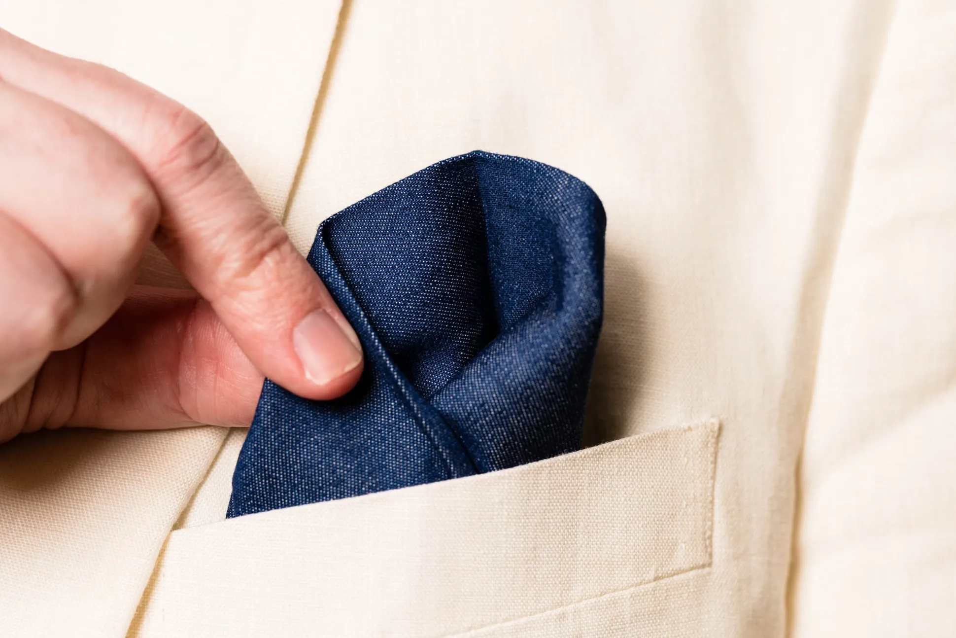 White X-Stitch Edge Dark Blue Linen Pocket Square