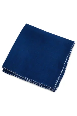 White X-Stitch Edge Dark Blue Linen Pocket Square