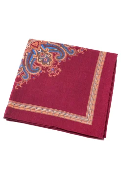 Wine Red & Yellow Medallion Silk Wool Pocket Square