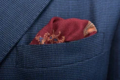 Wine Red & Yellow Medallion Silk Wool Pocket Square