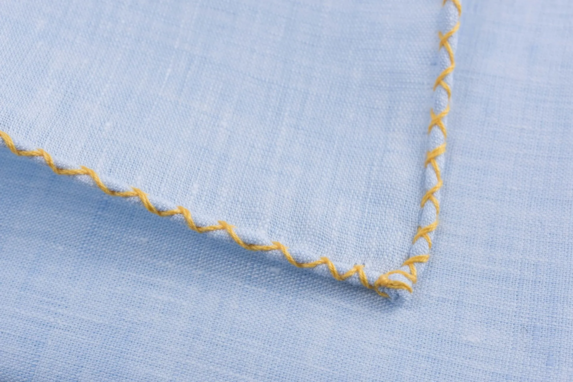 Yellow X-Stitch Edge Light Blue Linen Pocket Square