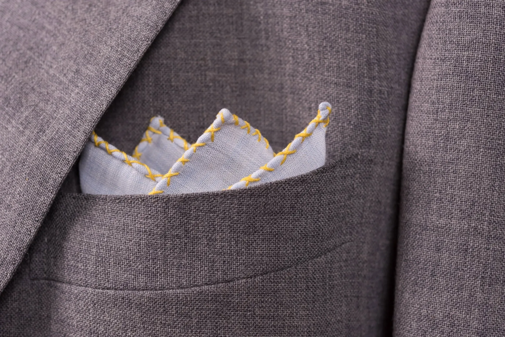 Yellow X-Stitch Edge Light Blue Linen Pocket Square
