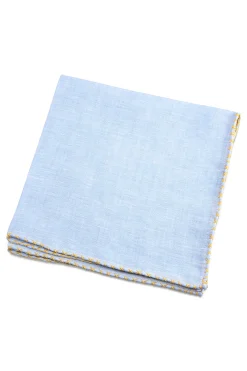 Yellow X-Stitch Edge Light Blue Linen Pocket Square