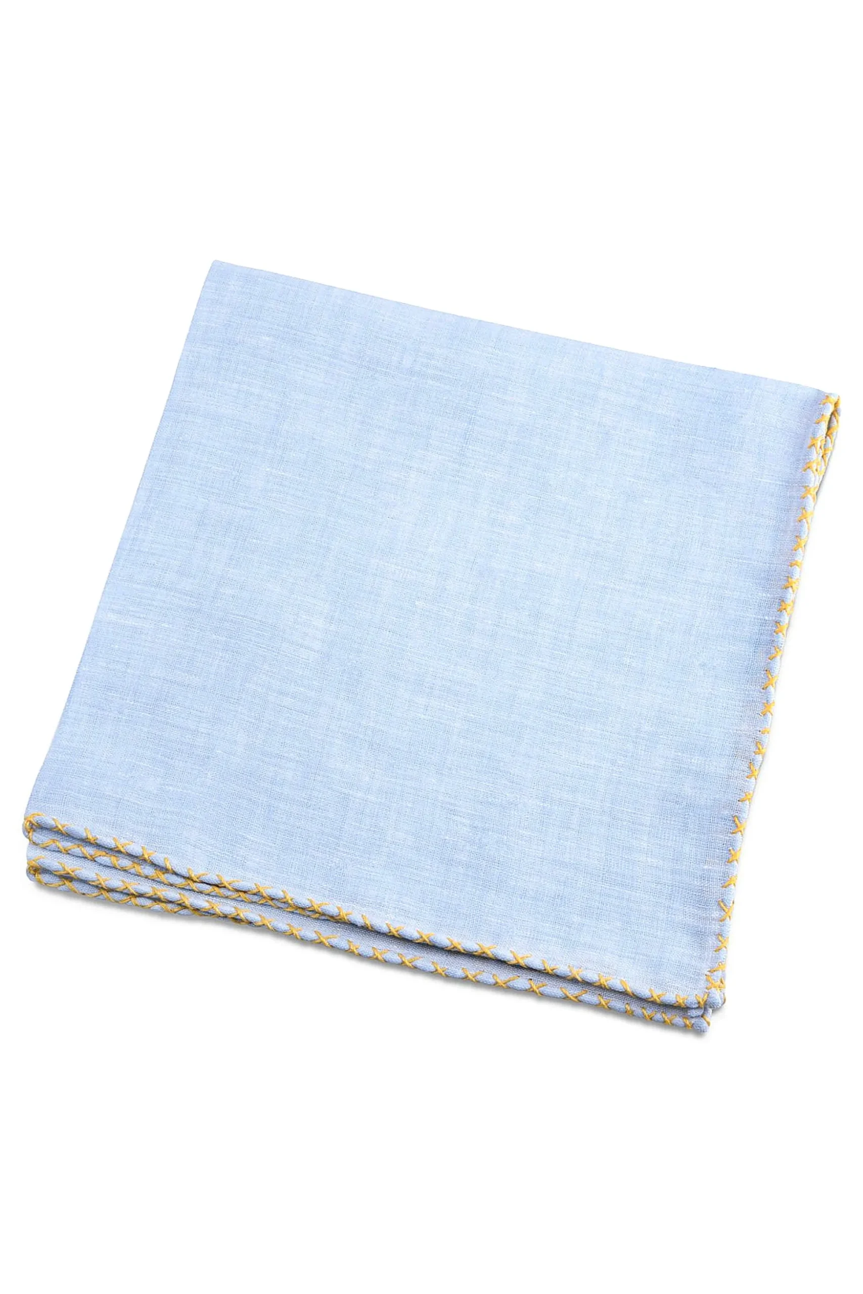 Yellow X-Stitch Edge Light Blue Linen Pocket Square